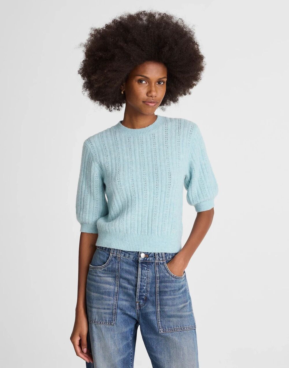 Madewell Sweater Tee Womens XXS Mint Blue Cloud Wool Soft Short Sleeve NY440 NWT